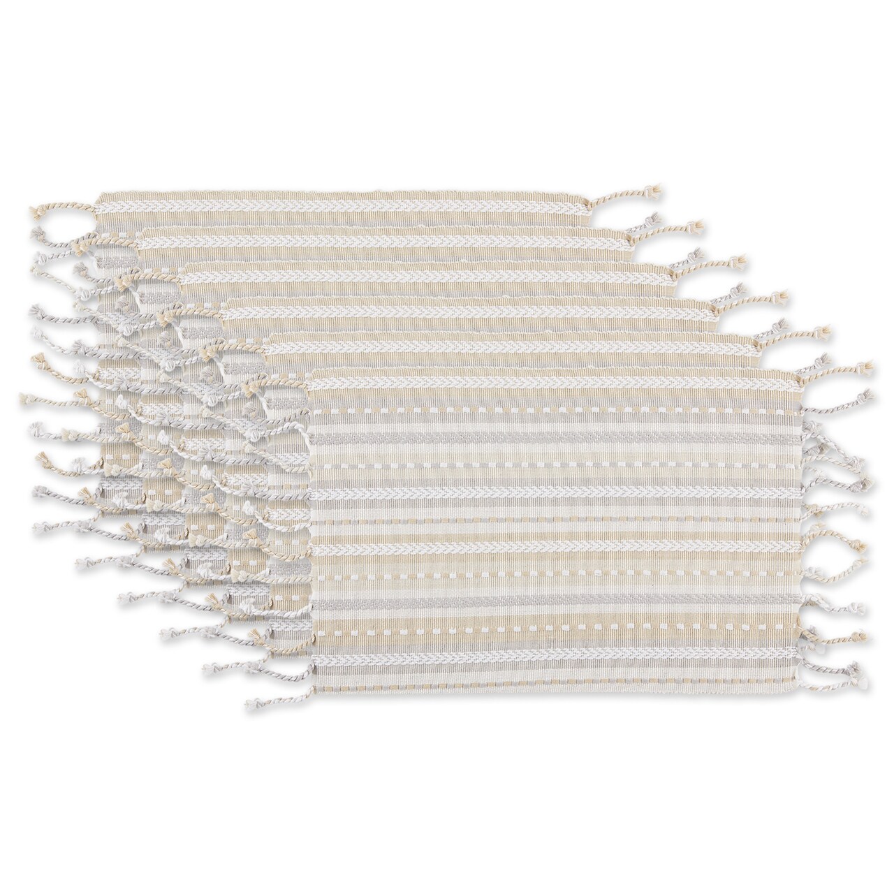 Contemporary Home Living Ribbed Striped Placemats with Twisted Fringe - 19" - Beige and Gray - Set of 6